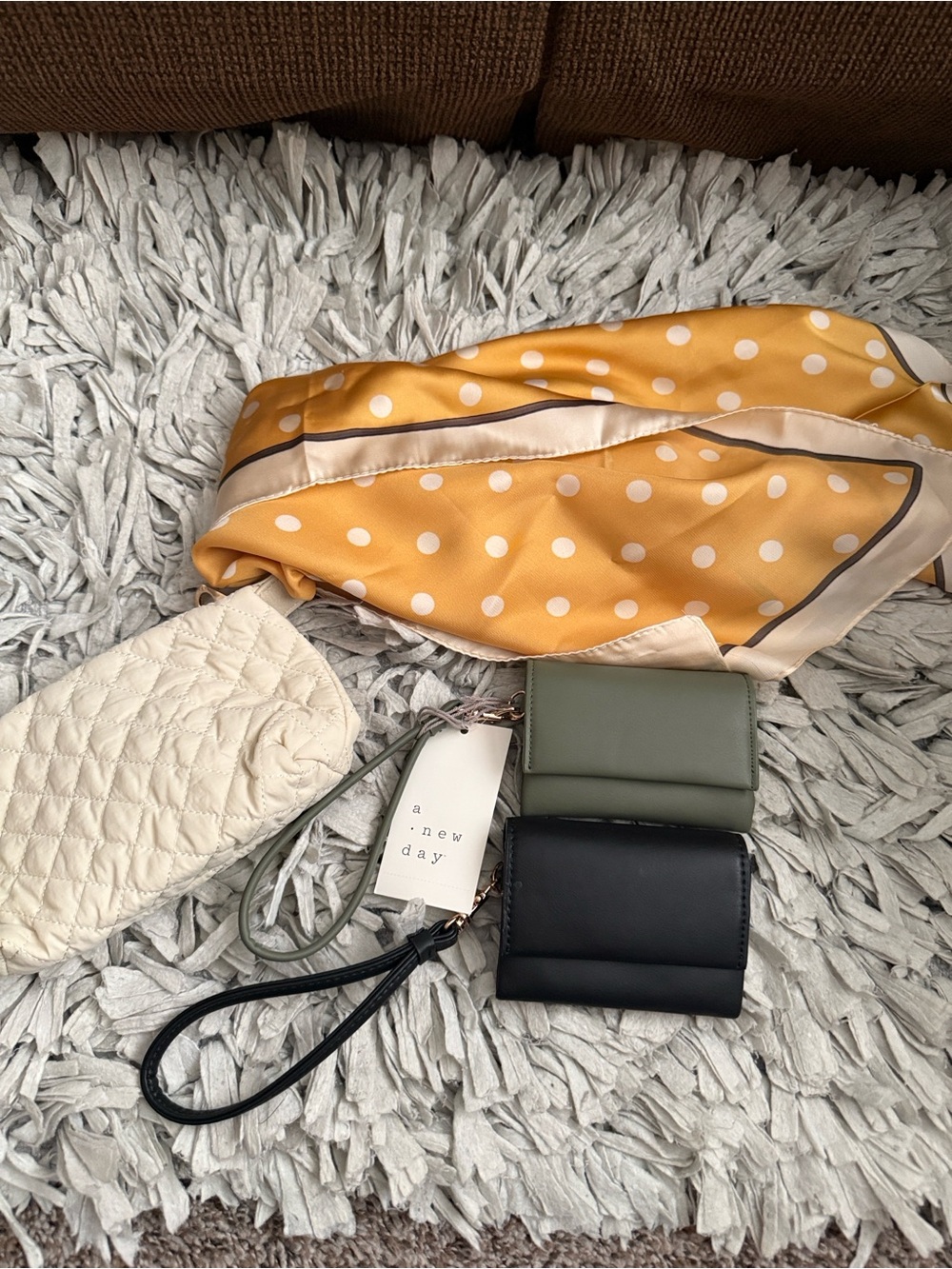 a new day Olive and Black Mini Wristlet Wallets with Cream Pouch and scarf new